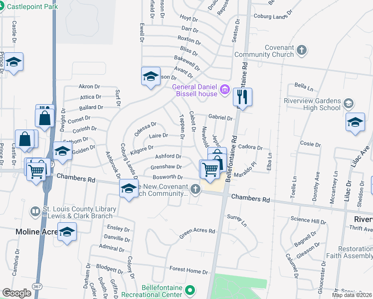 map of restaurants, bars, coffee shops, grocery stores, and more near 10069 Tappan Drive in St. Louis