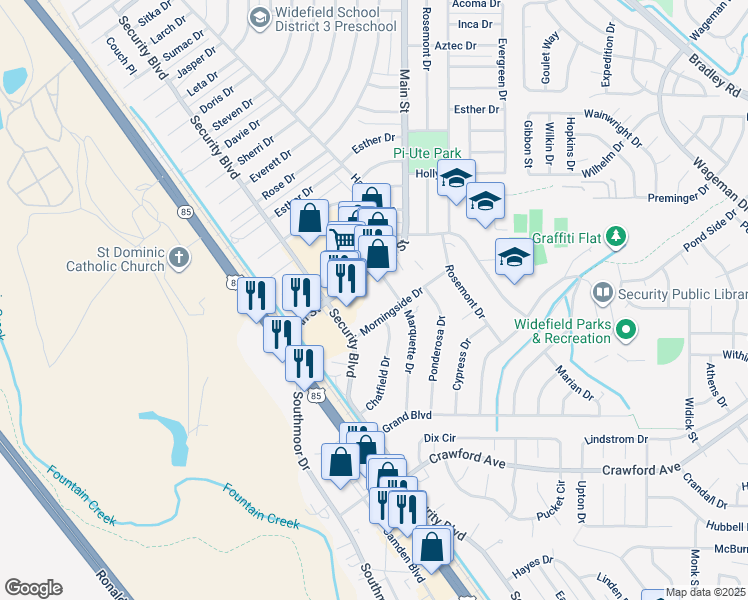 map of restaurants, bars, coffee shops, grocery stores, and more near 568 Marquette Drive in Colorado Springs