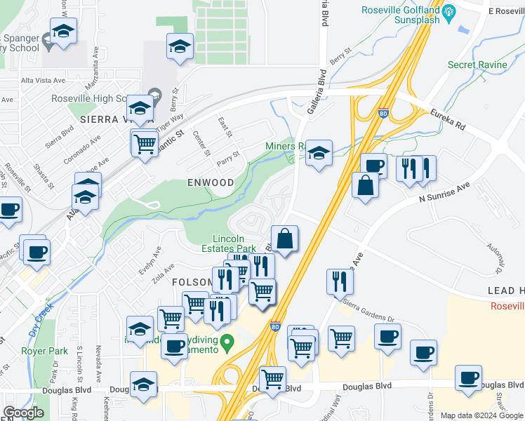 map of restaurants, bars, coffee shops, grocery stores, and more near 425 Forest Knoll in Roseville