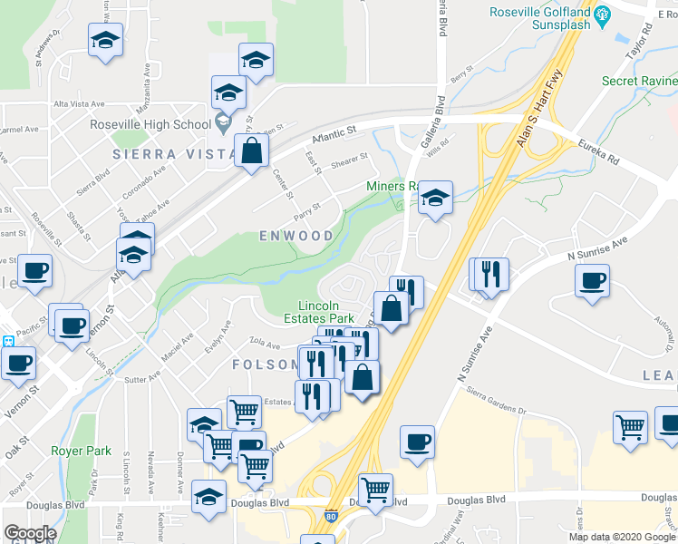 map of restaurants, bars, coffee shops, grocery stores, and more near 265 Sharp Circle in Roseville