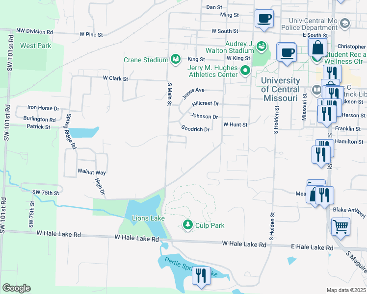 map of restaurants, bars, coffee shops, grocery stores, and more near 801 South Main Street in Warrensburg