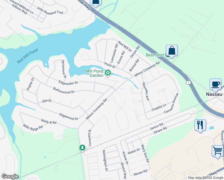 map of restaurants, bars, coffee shops, grocery stores, and more near 31160 Edgewater Drive in Lewes
