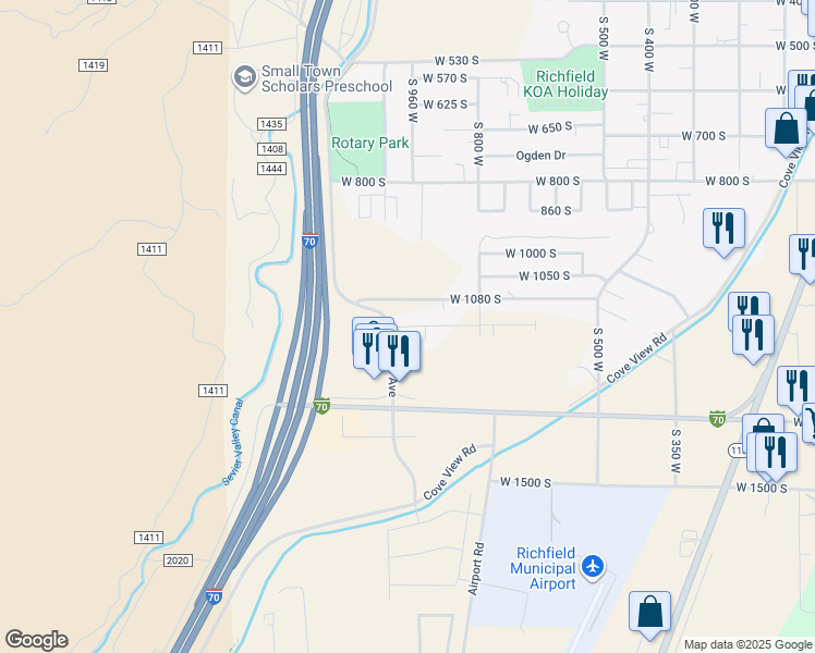 map of restaurants, bars, coffee shops, grocery stores, and more near 765 West 1100 South in Richfield