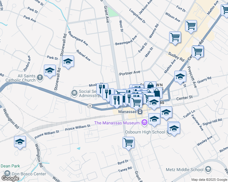 map of restaurants, bars, coffee shops, grocery stores, and more near 9250 Lee Avenue in Manassas