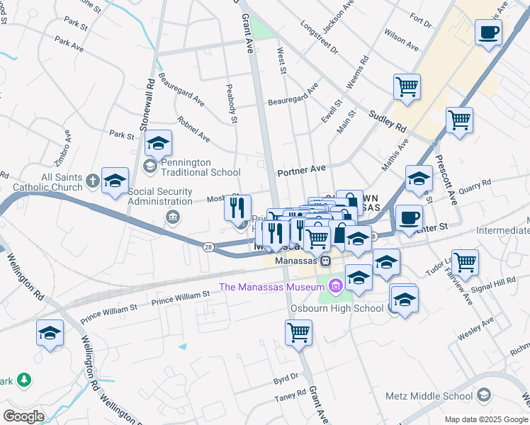 map of restaurants, bars, coffee shops, grocery stores, and more near 9250 Lee Avenue in Manassas