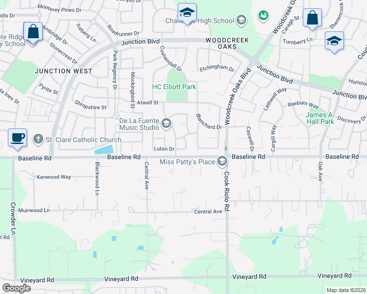 map of restaurants, bars, coffee shops, grocery stores, and more near 1572 Arncliffe Way in Roseville