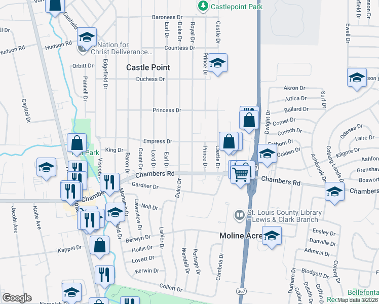 map of restaurants, bars, coffee shops, grocery stores, and more near 10073 Royal Drive in St. Louis