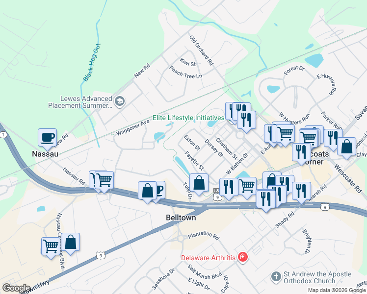 map of restaurants, bars, coffee shops, grocery stores, and more near 17366 Fayette Street in Lewes