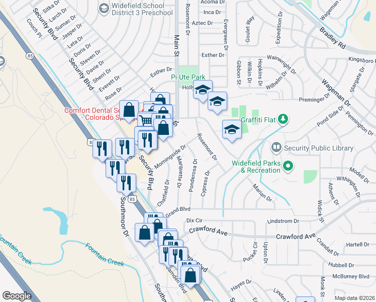map of restaurants, bars, coffee shops, grocery stores, and more near 550 Ponderosa Drive in Colorado Springs