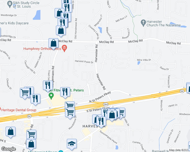 map of restaurants, bars, coffee shops, grocery stores, and more near 922 Penny Lane in St. Peters
