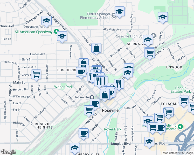 map of restaurants, bars, coffee shops, grocery stores, and more near 419 Lincoln Street in Roseville