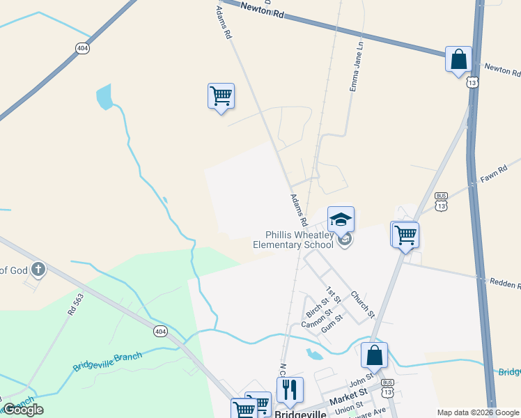 map of restaurants, bars, coffee shops, grocery stores, and more near in Bridgeville