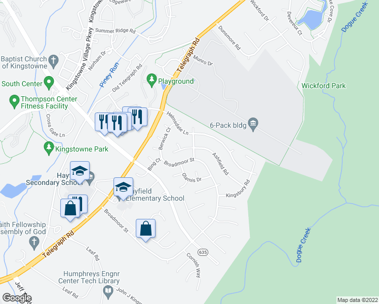 map of restaurants, bars, coffee shops, grocery stores, and more near 5801 Ashfield Road in Alexandria