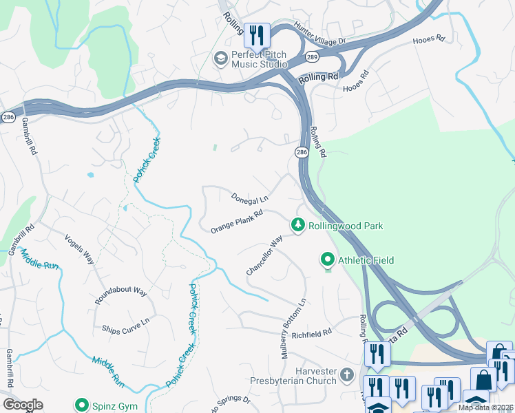 map of restaurants, bars, coffee shops, grocery stores, and more near 7921 Donegal Lane in Springfield
