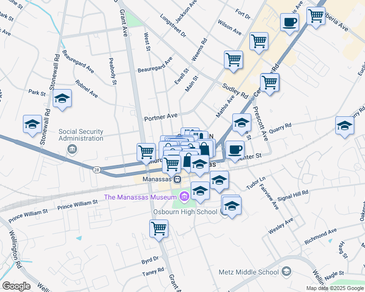 map of restaurants, bars, coffee shops, grocery stores, and more near 9324 Main St in Manassas