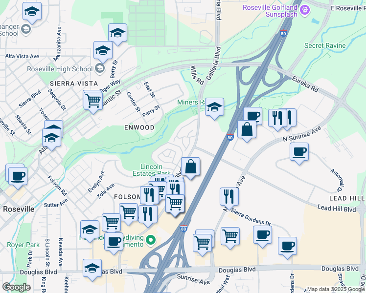 map of restaurants, bars, coffee shops, grocery stores, and more near 425 Forest Knoll in Roseville