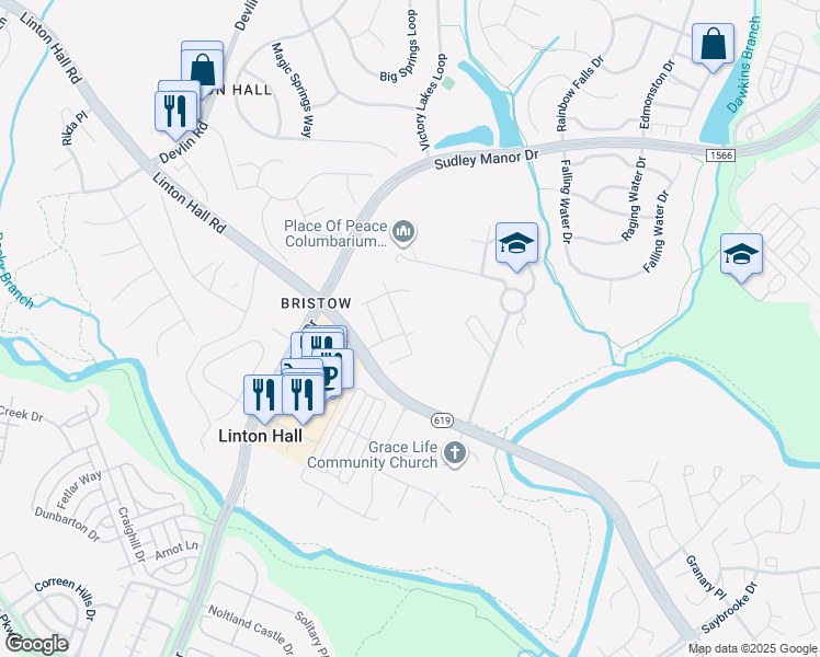 map of restaurants, bars, coffee shops, grocery stores, and more near 9381 Crestview Ridge Drive in Linton Hall
