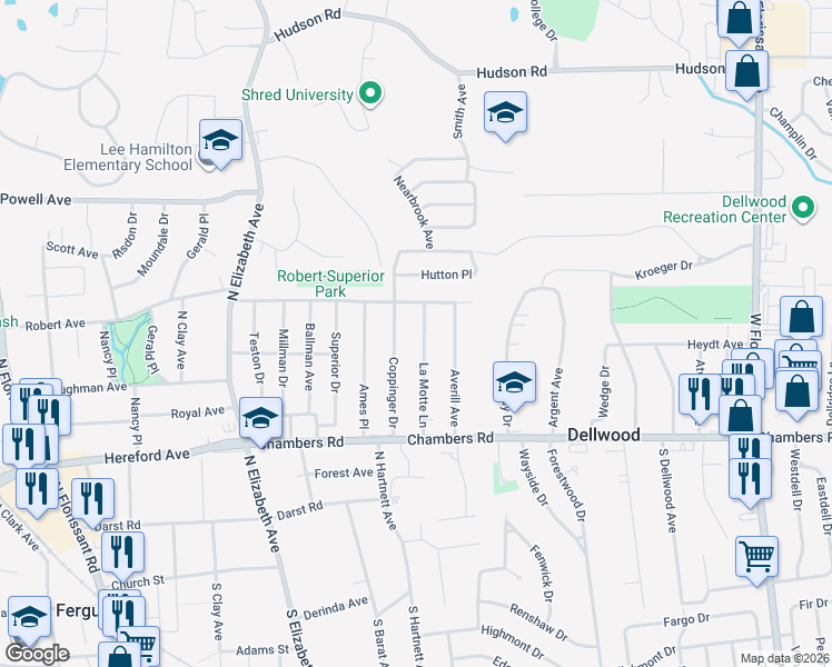 map of restaurants, bars, coffee shops, grocery stores, and more near 514 La Motte Lane in Ferguson