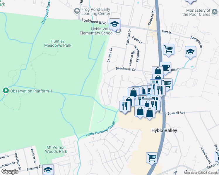 map of restaurants, bars, coffee shops, grocery stores, and more near 7657 Audubon Meadow Way in Alexandria