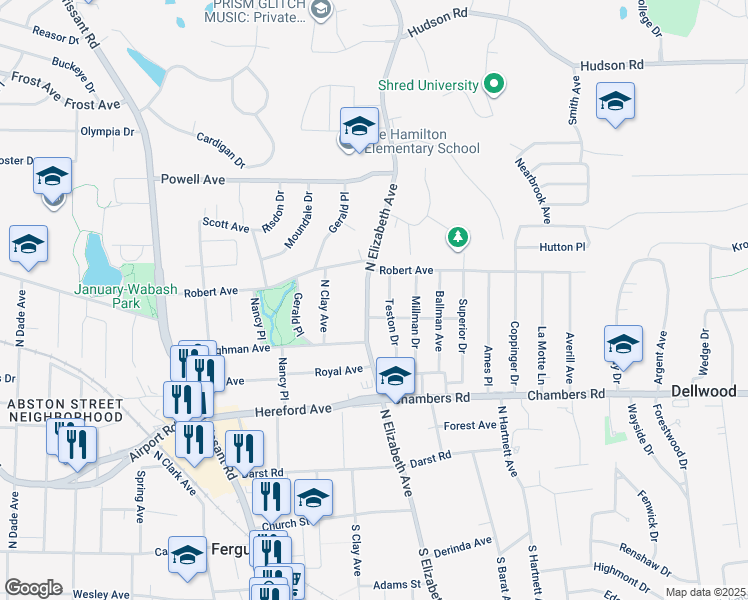 map of restaurants, bars, coffee shops, grocery stores, and more near 440 North Elizabeth Avenue in Ferguson