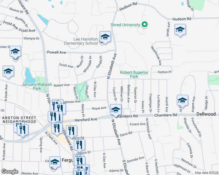 map of restaurants, bars, coffee shops, grocery stores, and more near 440 North Elizabeth Avenue in Ferguson