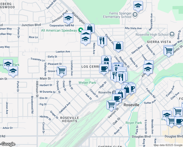 map of restaurants, bars, coffee shops, grocery stores, and more near 118 Alta Avenue in Roseville