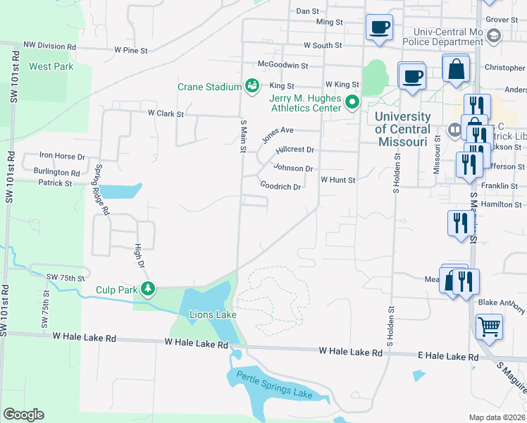 map of restaurants, bars, coffee shops, grocery stores, and more near 801 South Main Street in Warrensburg