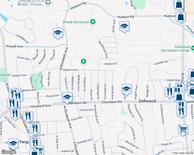 map of restaurants, bars, coffee shops, grocery stores, and more near 519 Coppinger Drive in Ferguson