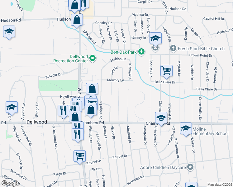 map of restaurants, bars, coffee shops, grocery stores, and more near 10127 Chambers Hill Drive in St. Louis