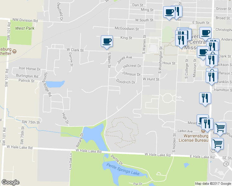 map of restaurants, bars, coffee shops, grocery stores, and more near 416 Windy Way in Warrensburg