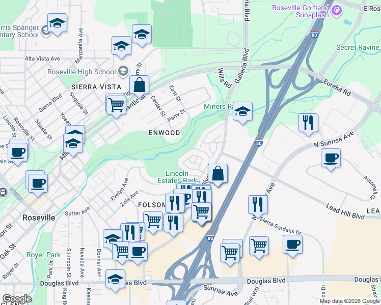 map of restaurants, bars, coffee shops, grocery stores, and more near 265 Sharp Circle in Roseville