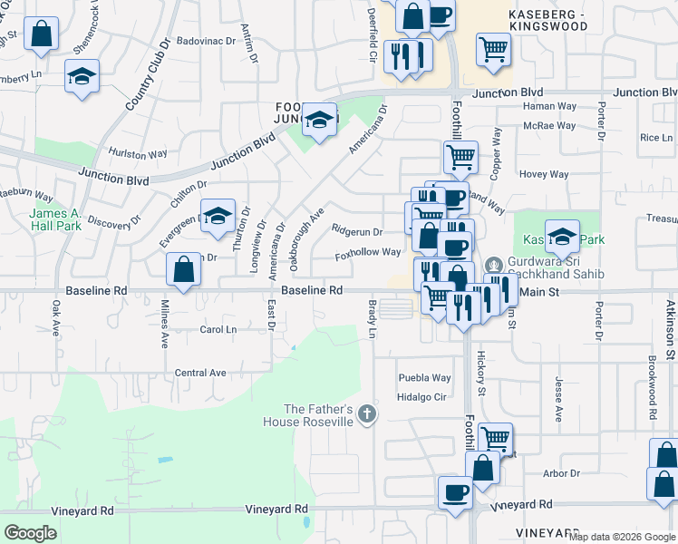 map of restaurants, bars, coffee shops, grocery stores, and more near 526 Oakborough Avenue in Roseville