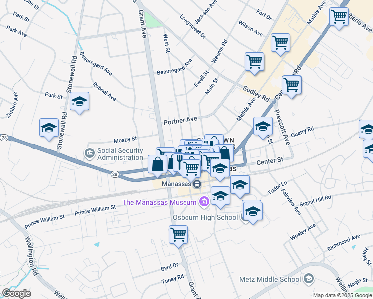 map of restaurants, bars, coffee shops, grocery stores, and more near 9321 West Street in Manassas