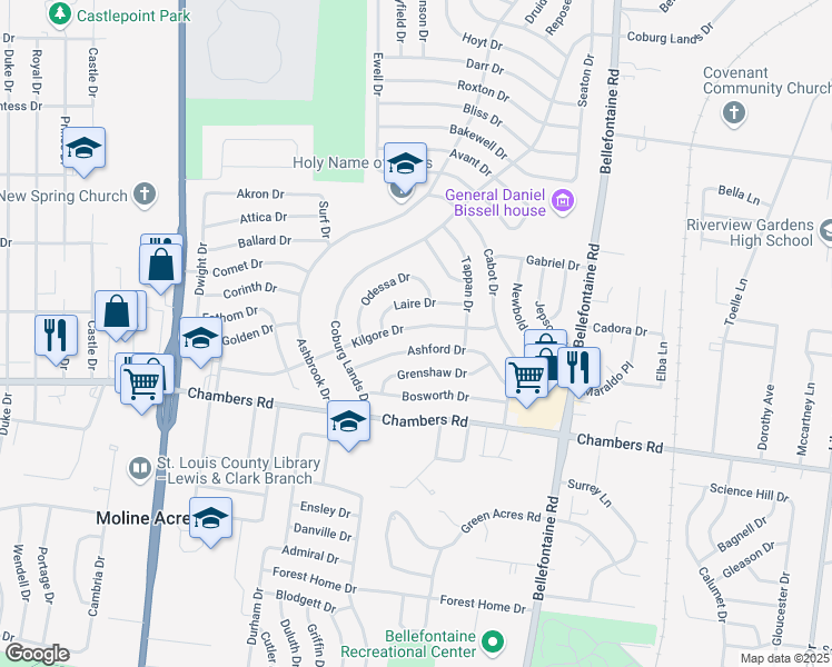 map of restaurants, bars, coffee shops, grocery stores, and more near 1200 Kilgore Drive in St. Louis