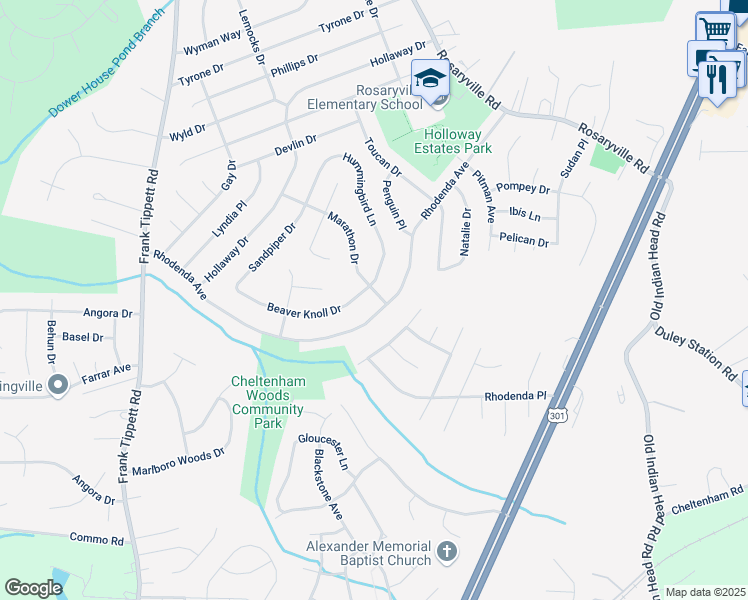 map of restaurants, bars, coffee shops, grocery stores, and more near 10903 Marathon Drive in Upper Marlboro