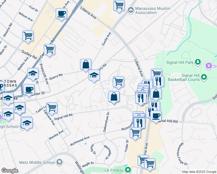 map of restaurants, bars, coffee shops, grocery stores, and more near 8465 Crozier Court in Manassas