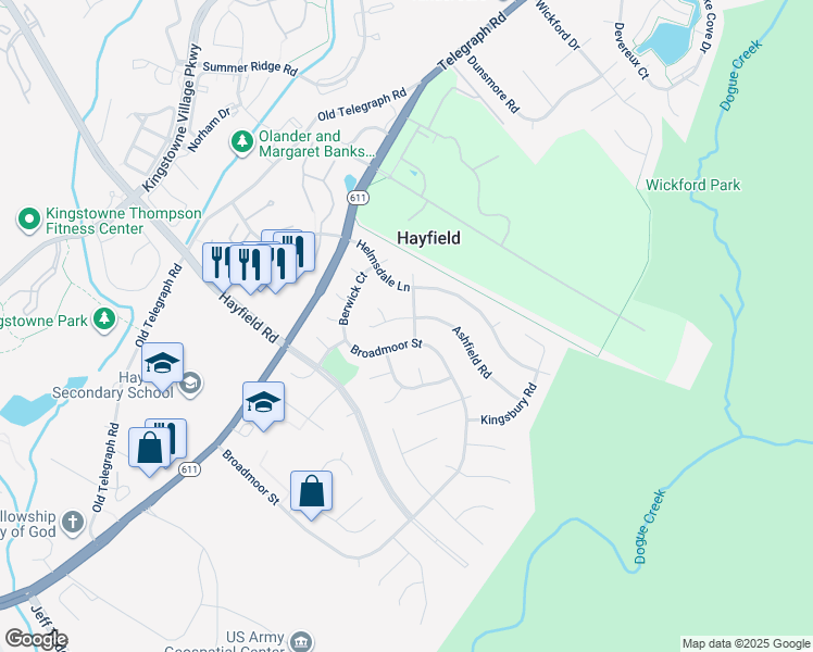 map of restaurants, bars, coffee shops, grocery stores, and more near 5801 Ashfield Road in Alexandria