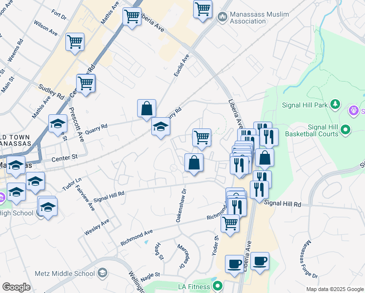 map of restaurants, bars, coffee shops, grocery stores, and more near 8465 Crozier Court in Manassas