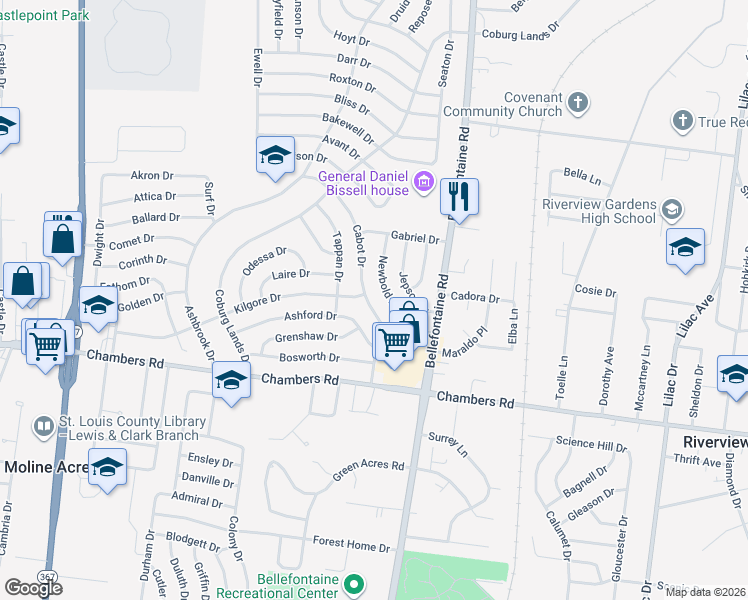 map of restaurants, bars, coffee shops, grocery stores, and more near 10132 Cabot Drive in St. Louis