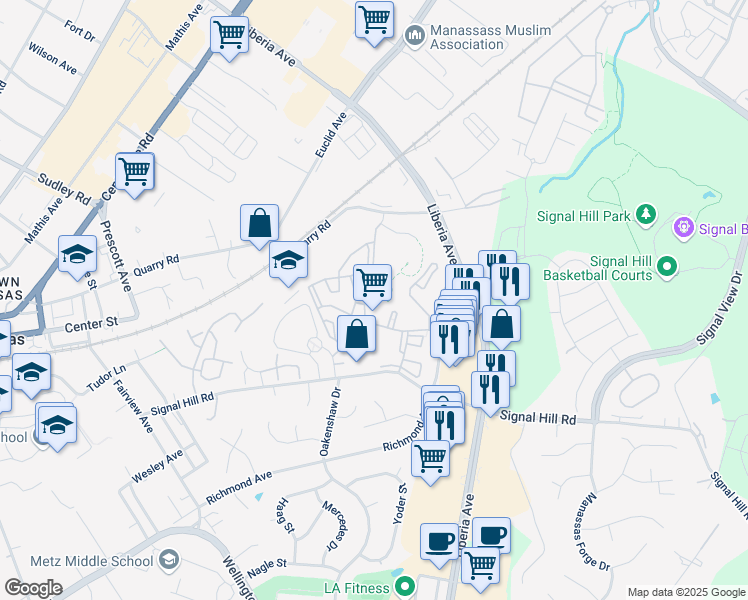 map of restaurants, bars, coffee shops, grocery stores, and more near 9561 Penhook Court in Manassas