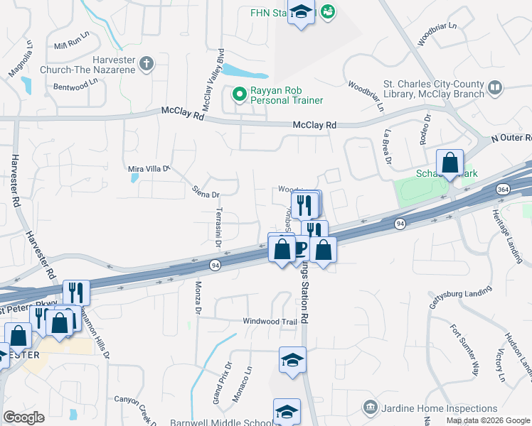 map of restaurants, bars, coffee shops, grocery stores, and more near 129 Waterside Crossing Drive in St. Peters