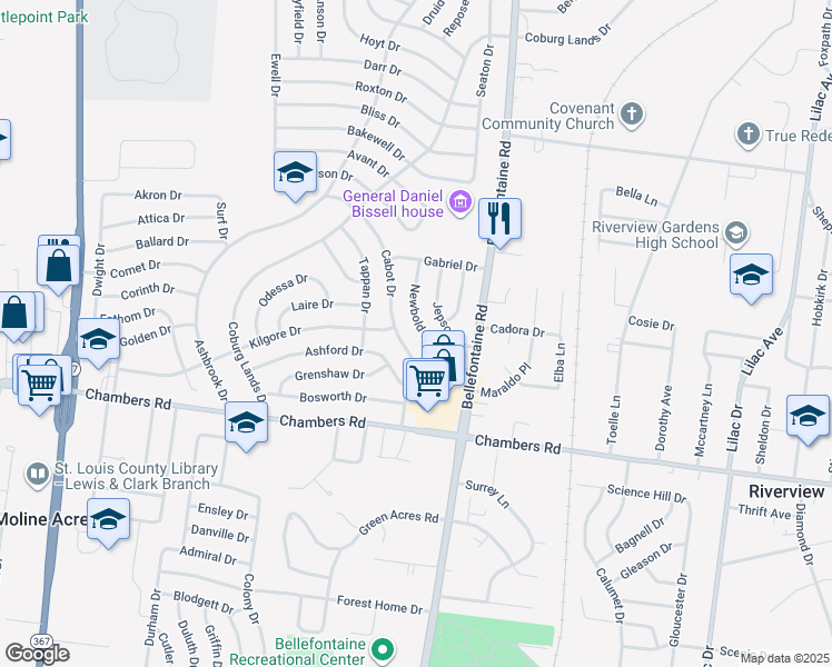 map of restaurants, bars, coffee shops, grocery stores, and more near 10132 Cabot Drive in St. Louis