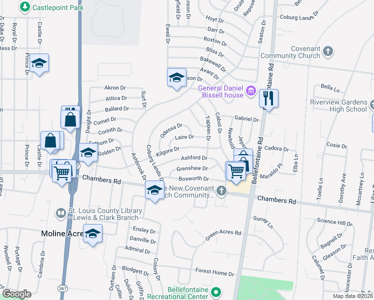 map of restaurants, bars, coffee shops, grocery stores, and more near 1156 Kilgore Drive in St. Louis