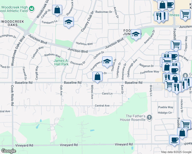 map of restaurants, bars, coffee shops, grocery stores, and more near 2007 Mineral Springs Drive in Roseville