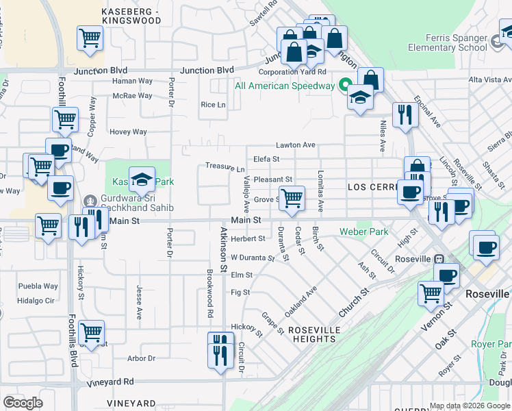 map of restaurants, bars, coffee shops, grocery stores, and more near 809 Grove Street in Roseville