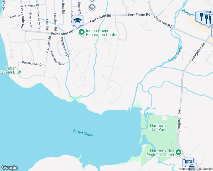 map of restaurants, bars, coffee shops, grocery stores, and more near 9905 Traverse Way in Fort Washington