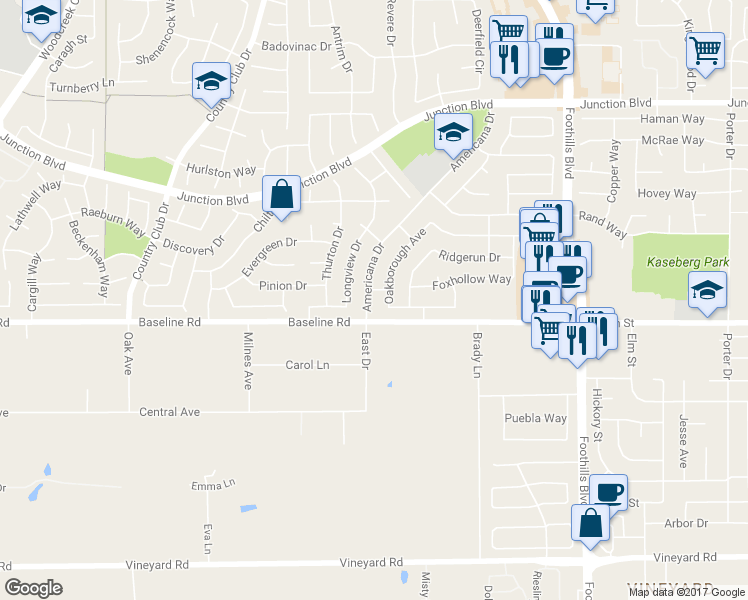 map of restaurants, bars, coffee shops, grocery stores, and more near 2206 Americana Drive in Roseville