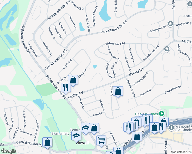 map of restaurants, bars, coffee shops, grocery stores, and more near 152 Pezold Drive in Saint Charles