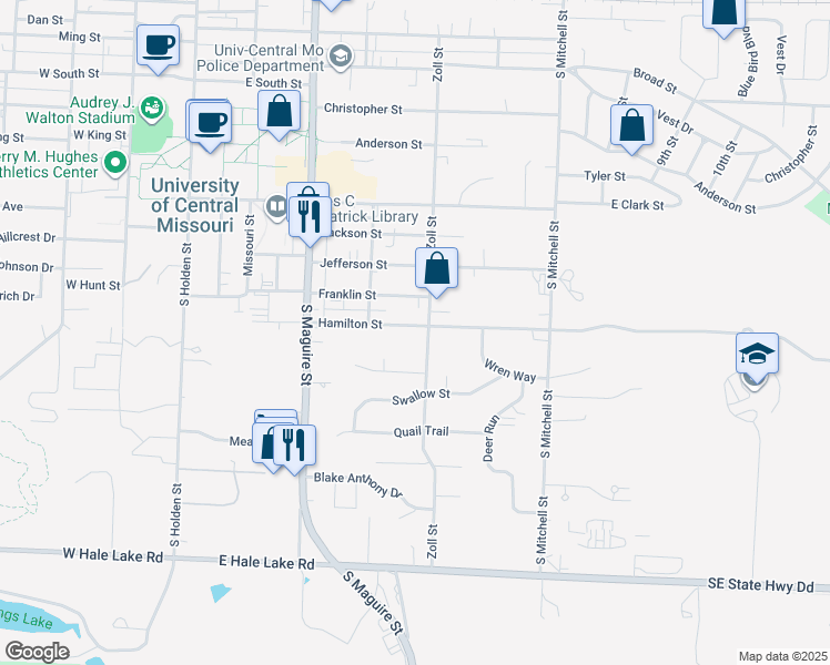 map of restaurants, bars, coffee shops, grocery stores, and more near 420 Hamilton Street in Warrensburg