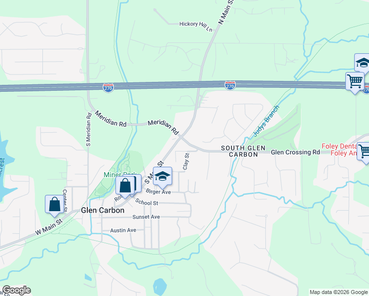 map of restaurants, bars, coffee shops, grocery stores, and more near 179 Glen Crossing Road in Glen Carbon